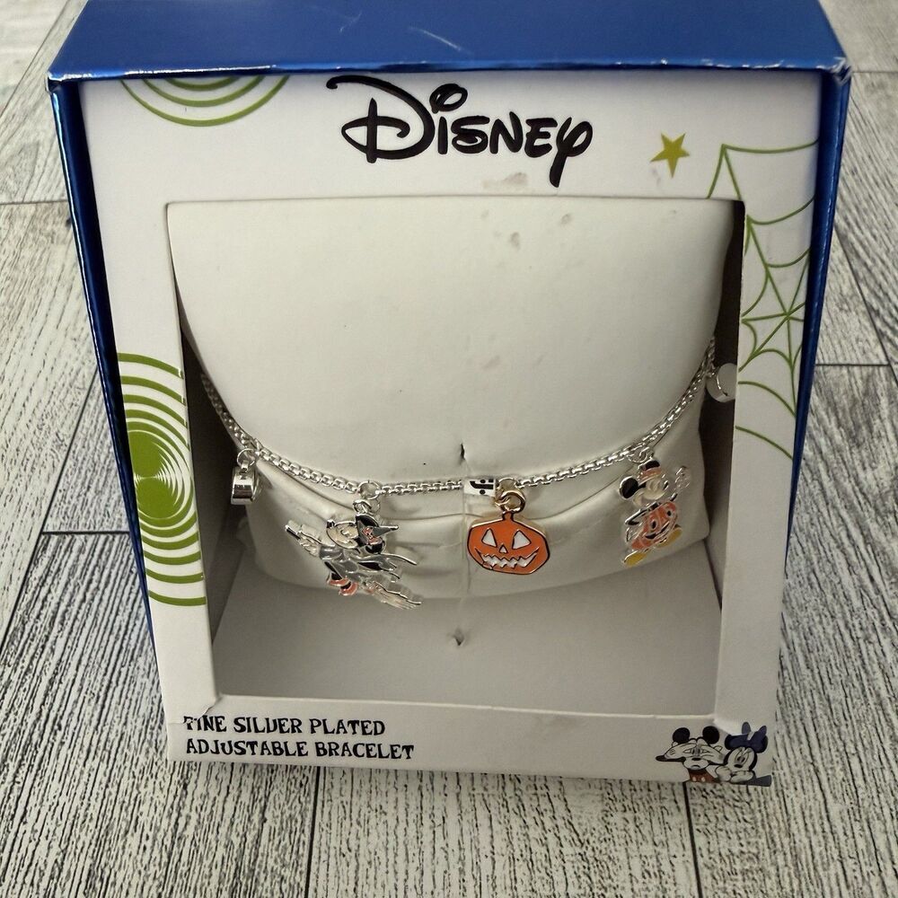 Disney Minnie & Mickey Mouse Witch Halloween Fine Silver Plated Bracelet New